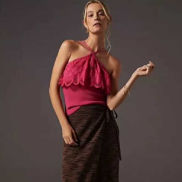 NWT Anthropologie Pink Ruffle Embroidered Top Medium - Picture 1 of 10